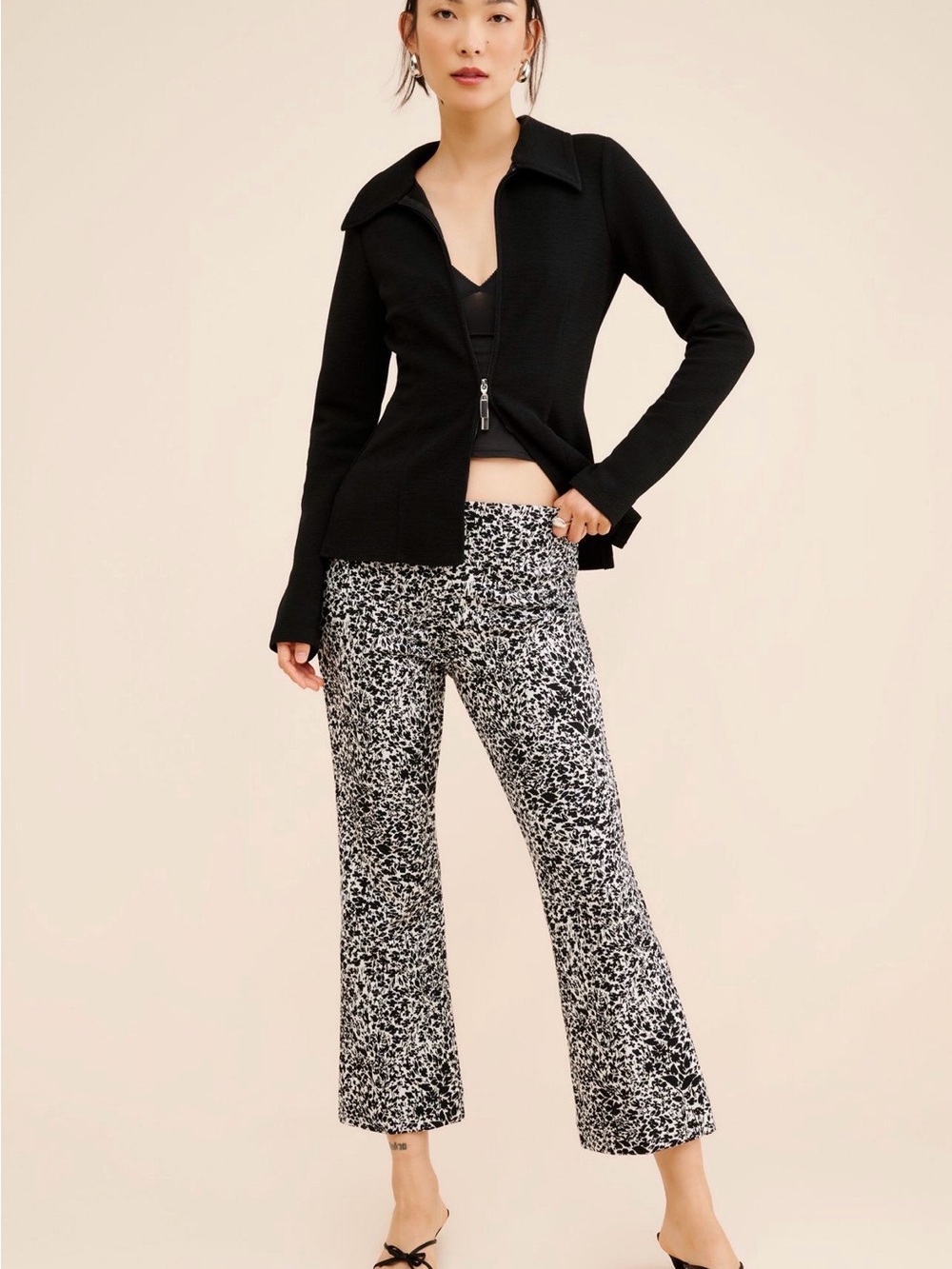 Anthropologie Black & White Printed Cropped Wide-Leg Pants